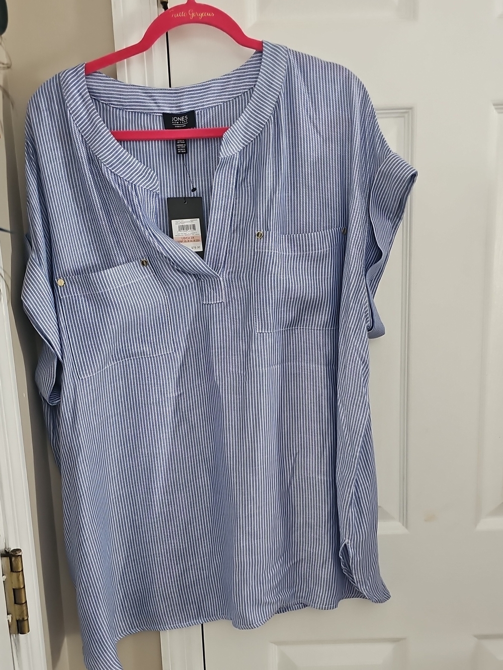 Jones New York Blue and White Pinstripe Short Sleeve Shirt